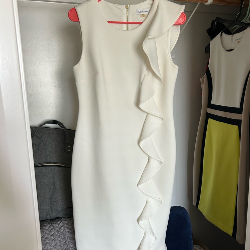 Calvin Klein White Asymmetrical Ruffle Sheath Dress